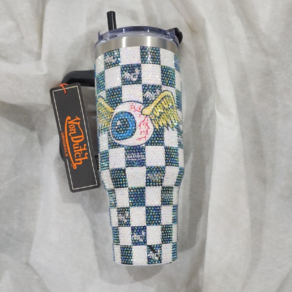 Von Dutch Rhinestone Checkered Tumbler - Blue, White, Yellow